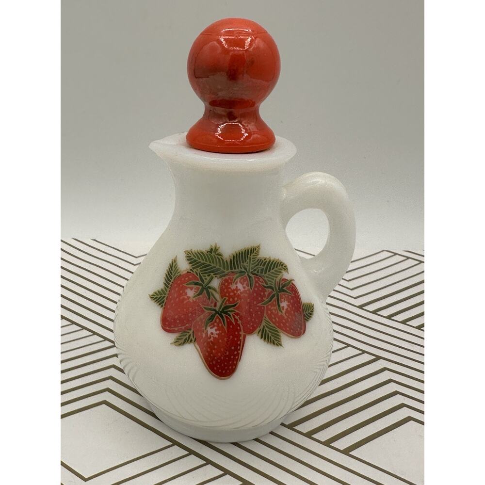 Avon Vintage Strawberries And Cream Empty Milk Glass Bath Foam Decanter Used